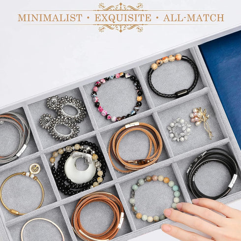 Bracelets Organizer Jewelry Tray, 12 Grids Velvet Tray Storage for Watches Rings Earrings, Stackable Jewelry Drawer Organizer Showcase Display Tra...