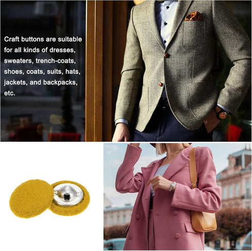 20pcs 24L Fabric Cloth Covered Button 15mm Round Holes Metal Shank Sewing Buttons for Suits Dress Blouses, Yellow...