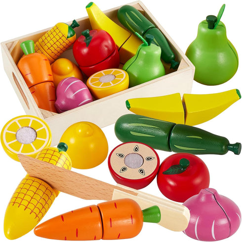 HERSITY Wooden Play Food Set Cutting Fruits and Veggies Toys for Toddlers 1-3, Pretend Play Kitchen Accessories Montessori Educational Toys for Ki...