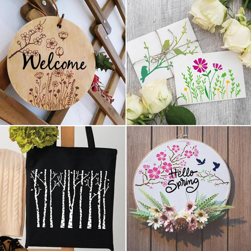 Wildflower Stencils for Painting on Wood, Vine Cherry Blossom Bird Tree Leaf Stencils for Crafts Reusable Wood Burning Drawing Art Paint Stencils ...