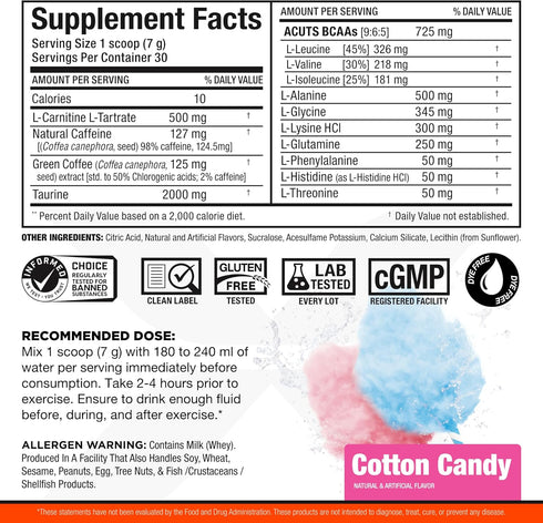 ALLMAX Nutrition AMINOCUTS (ACUTS), Amino-Charged Energy Drink with Taurine, L-Carnitine, Green Coffee Bean Extract, Cotton Candy, 30 Servings...