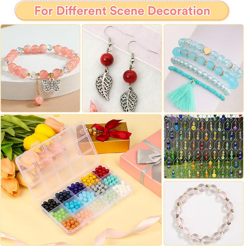8mm Glass Beads for Jewelry Making, 15 Colors Crystal Round Gemstone Stone Beads, 375 Pcs DIY Craft Bead Bracelet Making Kit with 12 Styles Access...