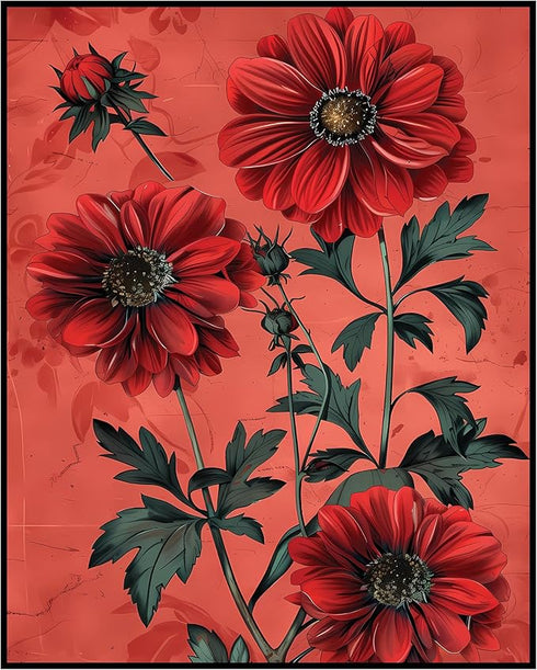 Posterizer 1 pcs-big red flowers with red background-Floral & Botanical Art-Abstract & Modern Art-Decor for Home & Office- UNFRAMED Wall Art...