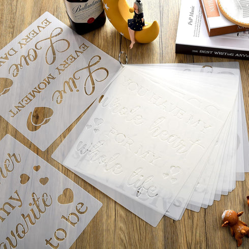 16 Pieces Inspirational Word Stencils Family Sign Stencils Reusable Stencils Love Home Template with Metal Open Ring for Painting on Wood, Porch, ...