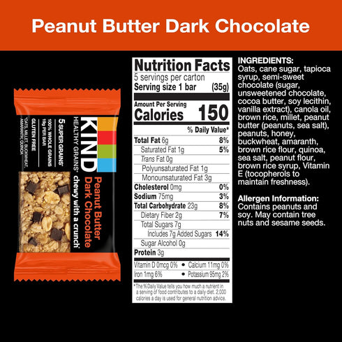 KIND Healthy Grains Bars, Peanut Butter Dark Chocolate, Non GMO, Gluten Free, 1.2 oz, 5 Count...