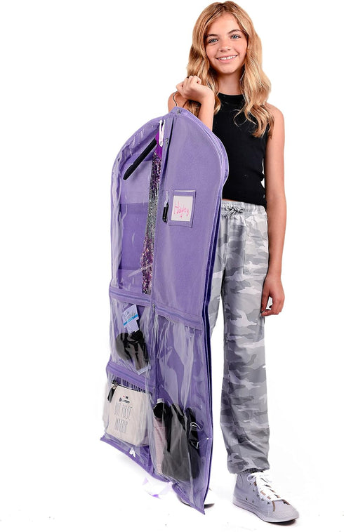 Waterproof Hanging Garment Bag 40 inch Clothes Bag with Gusset, 5 Pockets & Side Zip for Dance Costumes, Sports, Skating, Theatre, Beauty Pageants...