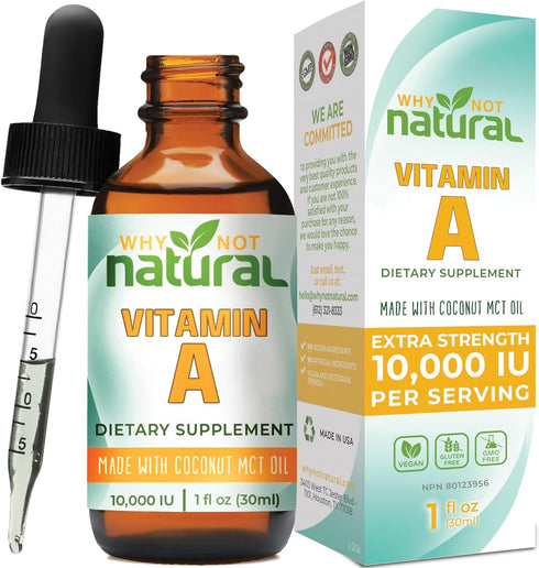 Why Not Natural Vitamin A drops 10000 IU - liquid retinyl palmitate with coconut MCT oil, vegan micellized vit A supplement for skin, acne - 1 oz ...