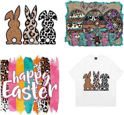 3 Sheets Easter Day Rabbit Eggs on Transfers Letter Pattern Transfer Stickers Cute Leopard HTV Heat Iron Transfer Paper Heat Transfer Decals for T...