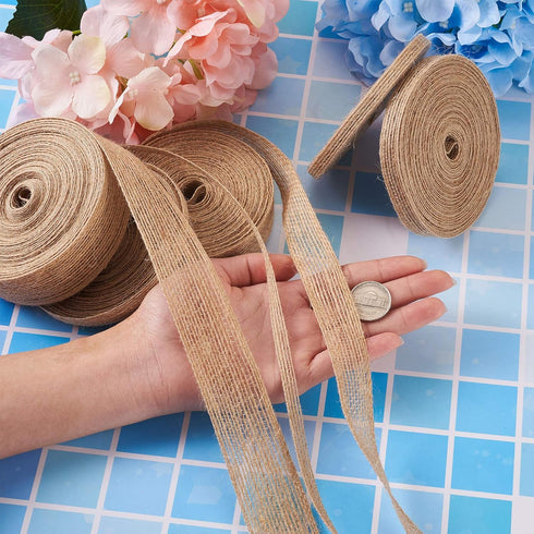 Pandahall 6 Rolls Natural Burlap Fabric Ribbon 10m/roll Jute Linen Ribbon Rolls 3/8, 1-1/4, 7/8 inch for Party Decoration DIY Crafts Making (Tan)...