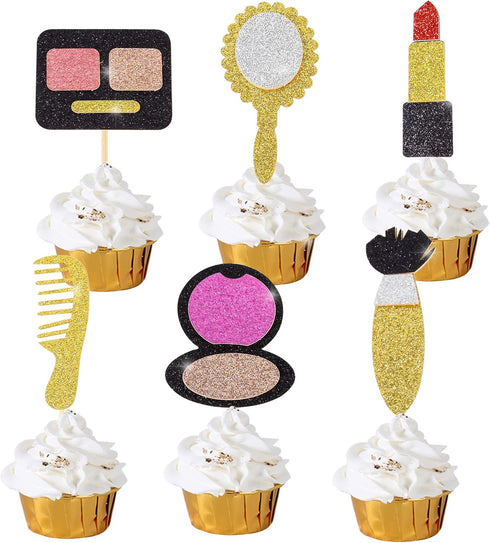 Spa Makeup Cupcake Toppers Decoration Supplies for Female Bridal Shower Bachelorette Salon Spa Cosmetics Themed Girls 18th Birthday Party 24Pcs Go...