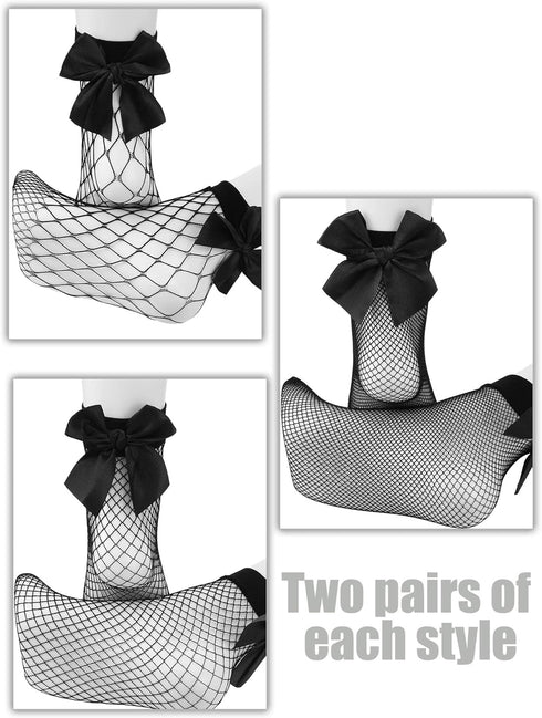 Geyoga 6 Pairs Black Women Fishnet Socks Dress Short Ankle Socks Hollow out Elastic Mesh Lace Socks for Cosplay Summer Wear (Bowknot Style)...