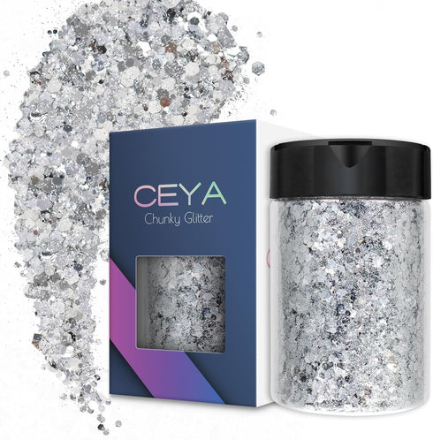 Ceya Chunky Glitter, 4.9oz/ 140g Bright Silver Craft Glitter Powder Mixed Fine Flakes Iridescent Nail Sequins for Nail Art, Hair, Epoxy Resin, Tum...