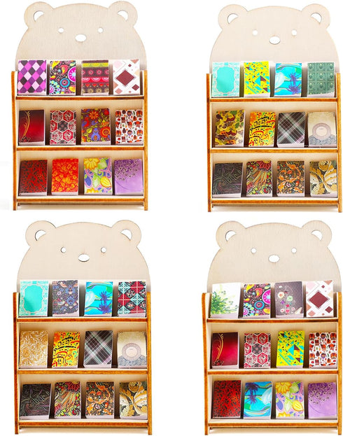 64Pcs Mini Bookcase Toy Book Shelf Wood Doll House FurnitureModel Library Decor Four Floors Storage Shelves Pretend Play 1:12 Accessories scene Ha...