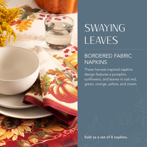Elrene Home Fashions Swaying Leaves Bordered Fall Napkins, Seasonal Dinner Napkins for Formal or Everyday Use, 17" x 17", Set of 8...