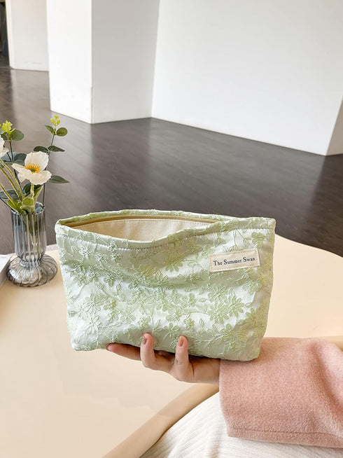 | Large Aesthetic Makeup Bag | Floral Makeup Bag | Mid-day Clutch | Period Kit Bag | Hygiene Bag | Skincare Bag | Cute Makeup Bag (Embroidery Gree...