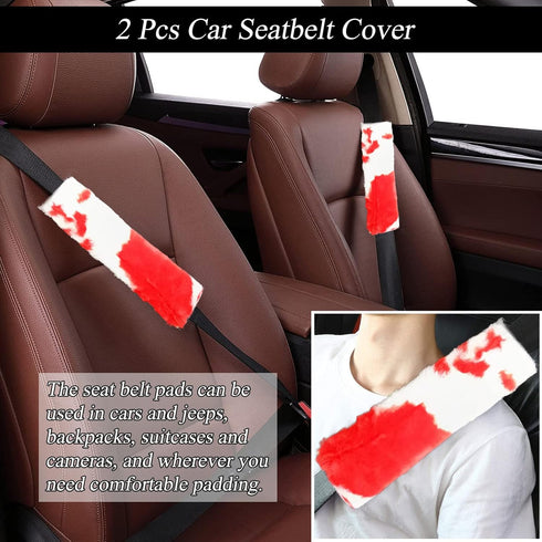Fluffy Cow Print Plush Steering Wheel Cover for Women with Furry Gear Cover,Handbrake Cover,Seat Belt Cover,Armrest Pad,Car Coaster and Bling Embl...