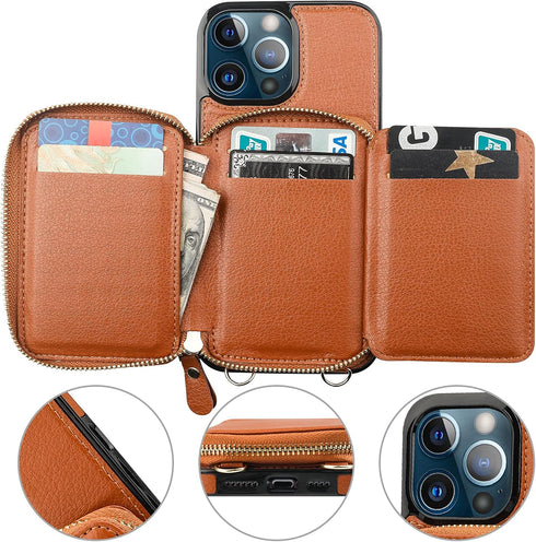 Bocasal RFID Blocking Wallet Case for iPhone 13 Pro Max, Adjustable Crossbody Zipper Purse with Kickstand and Detachable Wrist Strap, PU Leather F...