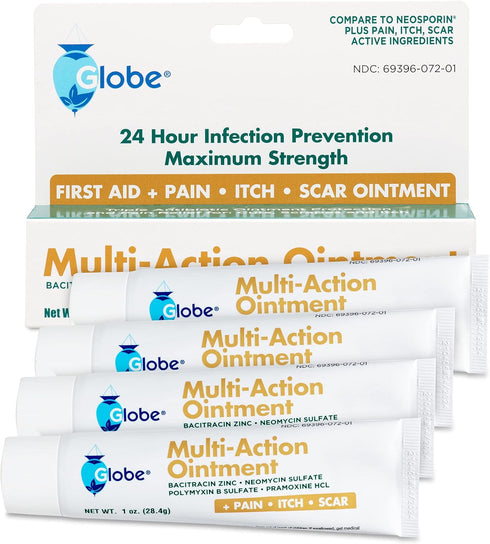 Globe (4 Pack) First Aid Antibiotic Scar Minimizing Pain-Relief, Anti-Itch Ointment with Neomycin, Bacitracin Zinc, Pramoxine HCl & Polymyxin B, f...