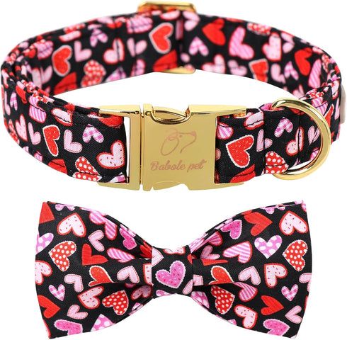 Valentine's Day Dog Collar with Bow Tie,Colorful Love Heart Male Dog Collar with Safety Metal Buckle Adjustable Puppy Collars for Small Medium Lar...