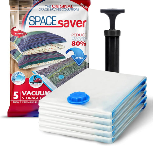 5 Pack Small Vacuum Storage Bags for Comforters, Blankets & Clothes – Vacuum Sealed Compression Bags with Hand Pump – Space Saver Storage Bags for...