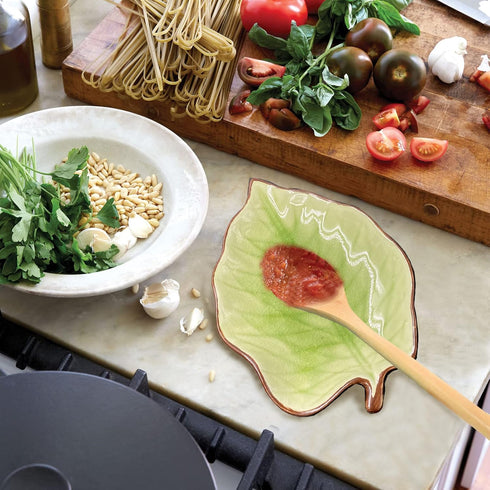 Green Spoon Rest Spoon Holder for Stove Top Kitchen Counter with Wooden Spoon, Farmhouse Decor Leaf Shape Spatula Holder Ceramic, 5.1 W x 7.5 L...