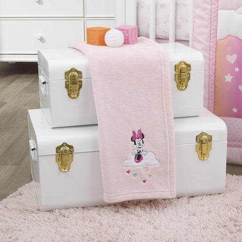 Disney Minnie Mouse Be Happy Pink, Aqua & White Super Soft Baby Blanket with Cloud Applique, Pink, White...