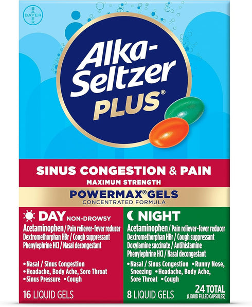 Alka-Seltzer Plus Maximum Strength PowerMax Sinus Congestion & Pain Medicine, Day + Night Liquid Gels - Powerful Relief for Cold and Flu, Sinus Co...