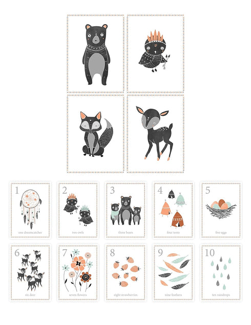 Children's Wall Art Prints, Boho Woodland Animal Room Collection, Set of Four 8x10 Prints and 5x7 Wall Cards, Forest Nursery, Gender Neutral Nurse...