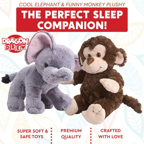 Elephant and Monkey Stuffed Animals - 2 Soft Plush Animal Toys for Baby, Toddler and Kids - Cute and Cuddly Friends for Boy or Girl - Great Gift f...