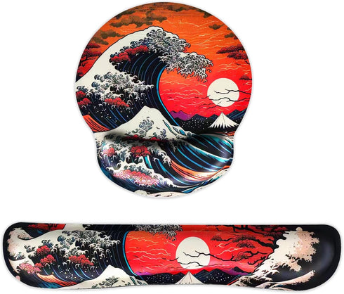 Ergonomic Japanese Sea Waves Small Mouse Pad with Wrist Rest and Keyboard Wrist Rest Set,Easy Typing & Pain Relief,Gaming Mousepad with Wrist Supp...
