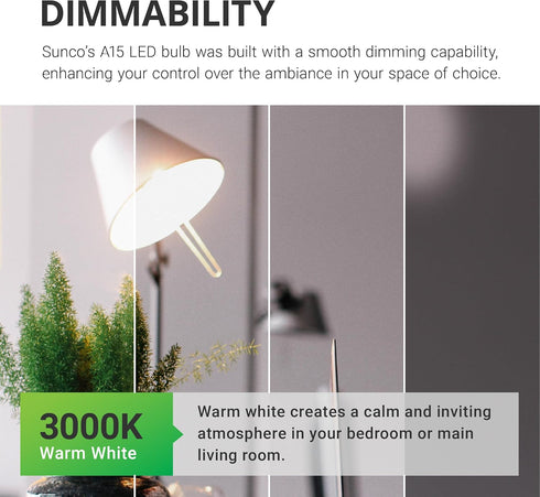 Sunco Lighting 10 Pack A15 LED Bulb Dimmable Refrigerator Appliance Bulbs 8W Equivalent 60W 3000K Warm White 800 LM, E26 Medium Base, Instant On, ...