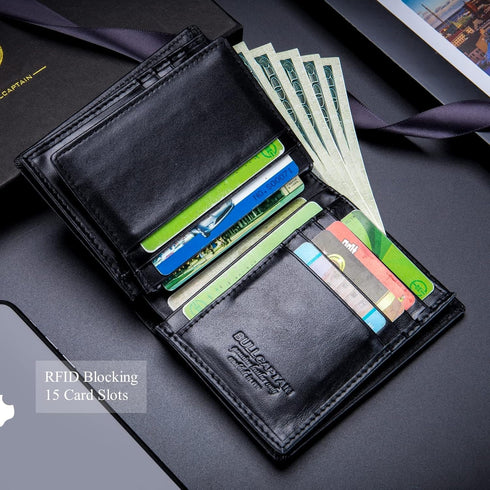 BULLCAPTAIN Large Capacity Genuine Leather Bifold Wallet/Credit Card Holder for Men with 15 Card Slots QB-027...