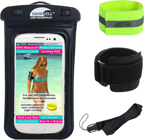 Waterproof Phone Holder Armband Case - for Swimming Running Walking with Headphone Jack. Fits All Standard Size Phones up to 15cm- iPhone, Samsung...
