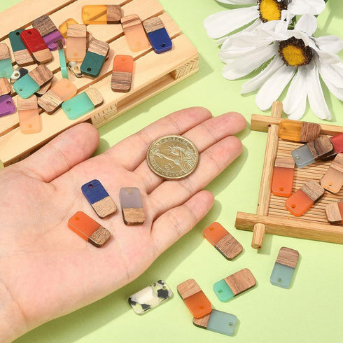 DanLingJewelry 50 pcs Random Color Resin and Walnut Wood Charms Rectangle Charms for Jewelry Making DIY Craft 20.5x10mm...