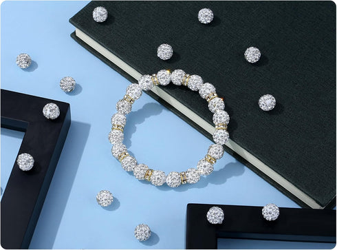 QINJIEJIE 100pcs 10mm Rhinestone Beads for Jewelry Making White Beads Sparkly Disco Ball Beads Bulk Round Crystal Diamond White Clay Beads for Nec...