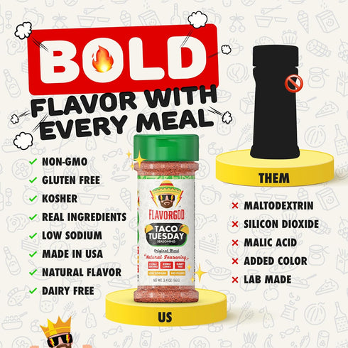 Flavor God 2 Bottles Taco Tuesday Seasoning Mix Natural Healthy Spice Blend For Grilling Chicken, Beef, Seafood, Vegetables, Salad, Tacos, Pizza, ...