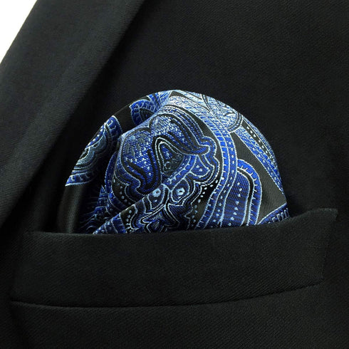 SHLAX&WING Pocket Square for Men Geometric Blue Black Silk Paisley Hanky...