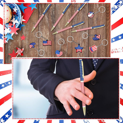 48 Pcs Independence Day Metal Ballpoint Pens American Flag Keychain Set Gold Retractable School Pens USA Flag Key Chains Office Patriotic 4th of J...
