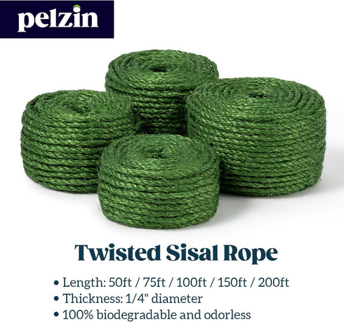 Pelzin Cat Green Sisal Rope for Scratching Post Tree Replacement 50ft - 1/4in - Green...