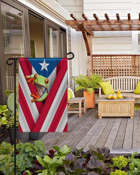 Garden Flags for Outside, Spring Summer Garden Flag for Garden & Porch Decor, Puerto Rico Flag and Frog Yard Flags for Outside 12x18 Inch Double S...
