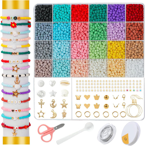 4mm Seed Beads Bracelet Making Kit, Glass Beads for Bracelets Friendship Bracelet Kit, Coloured Waist Beads Kit with Letter Beads Pearl Charm Bead...