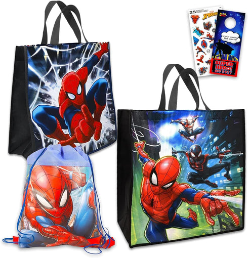 Marvel Spider-man Tote Bag Bundle - Spiderman Tote Bag Set With Kids Spiderman Drawstring Bag And Stickers (Spiderman Reusable Tote Bag)...