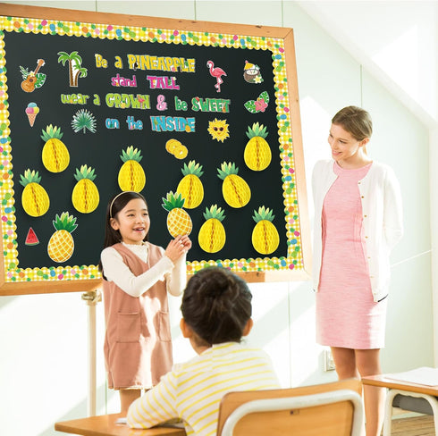 70 Pcs Summer Bulletin Board Decorations Set Tropical Pineapple Classroom Decor with Pineapple Honeycomb Ball Flamingo Palm Tree Flower Cutouts Bo...