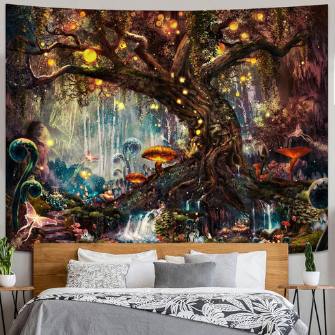 YEXIT Fairy Tales Magical Forest Tapestry, Nature Tree of Life with Elves Landscape Tapestry Wall Hanging for Living Room BedRoom Decoration Red 6...