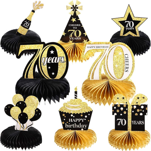 8 Pieces Cheers to 70 Years Birthday Decorations 70th Birthday Honeycomb Centerpieces Black Gold Table Toppers 70th Party Decorations for Seventy ...