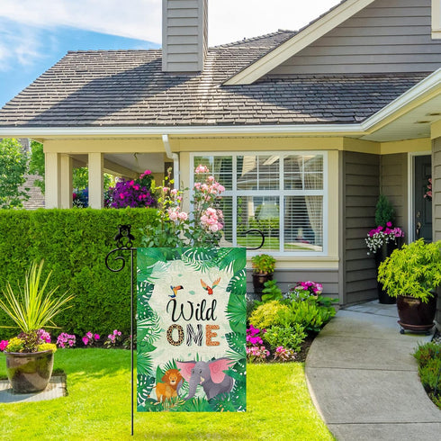 Wild One Garden Flag, Happy 1st Birthday Zoo Theme Outdoor Banner, 1st Birthday Party Decór Vertical Sign, Lion and Elephant Lawn Yard Double Side...