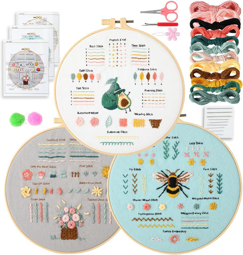 Embroidery Kit for Beginners Adults: 3 Embroidery Kit, Includes Stamped Patterns, Hoop, Needles and Color Threads, Full Range Accessories, Cross S...