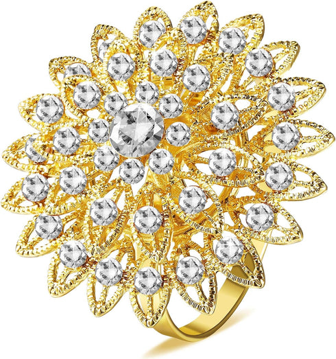 Geiserailie 6 Pcs Gold Flower Napkin Rings Alloy Floral Crystal Rhinestone Bling Holiday Shiny Napkins Ring Holders for Wedding Bridal Thanksgivin...