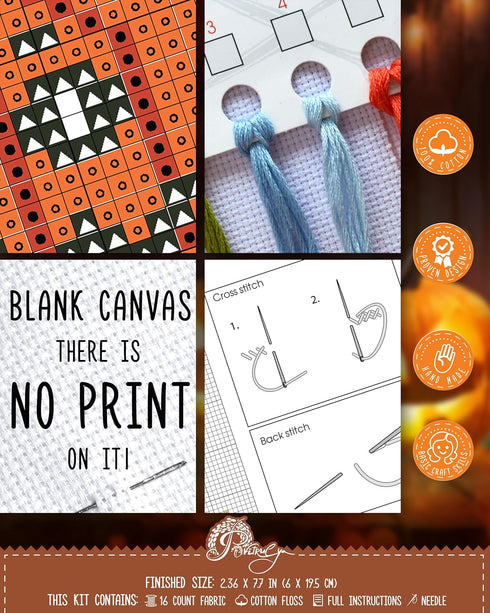 Povitrulya Counted cross Stitch Bookmark Kit 'Pumpkin Ghost' - DIY Embroidery set for Adults with Paper pattern, 16-count Aida Canvas and Presorte...
