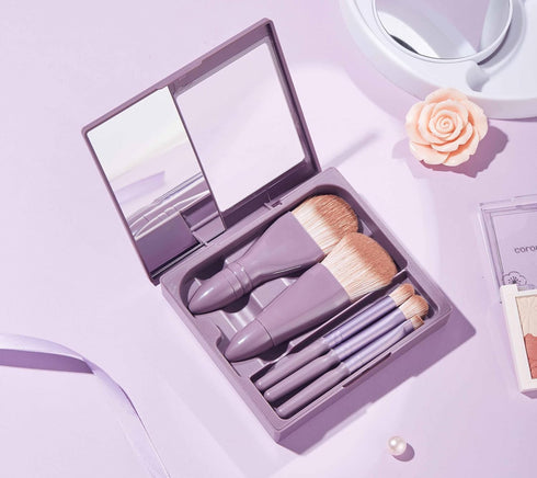 Portable Travel Makeup Brush Set, 5pcs Mini Easy-taken Complete Function Cosmetic Brushes Kit with Case and Mirror...